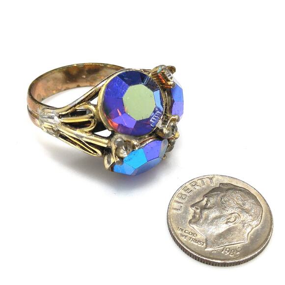 Vintage Aurora Borealis Rhinestone Ring, Adjustable US Size 7, 1960s - Picture 8 of 10